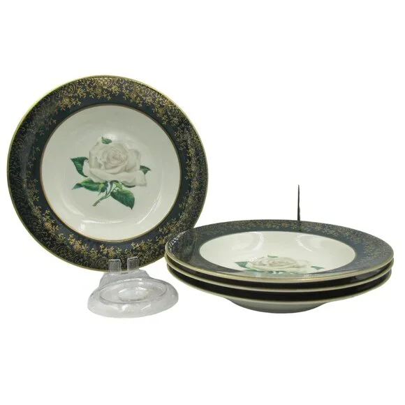 Stradford Rim Soup Bowl Chantilly Dark Green Gold Floral Set of 4 - Picture 1 of 11